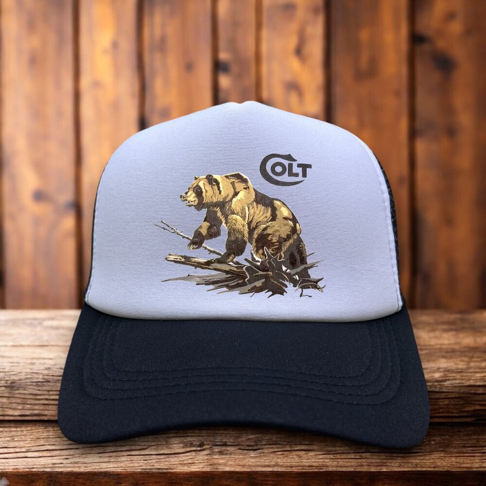 Colt Mens Trucker Hat Black Snapback Rifle Firearm Bear Old Logo Ad Baseball Cap